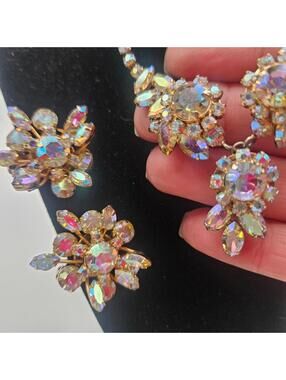 Aurora Borealis Rhinestone Floral Necklace & Clip Earrings Vintage 50s Gift Set